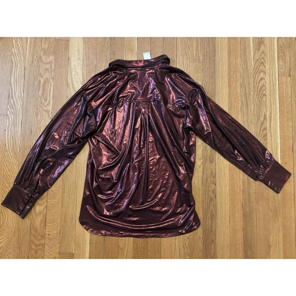 By Anthropologie Shine Button Down Shirt Burgundy Metallic Long Sleeve M NWT - Picture 7 of 7